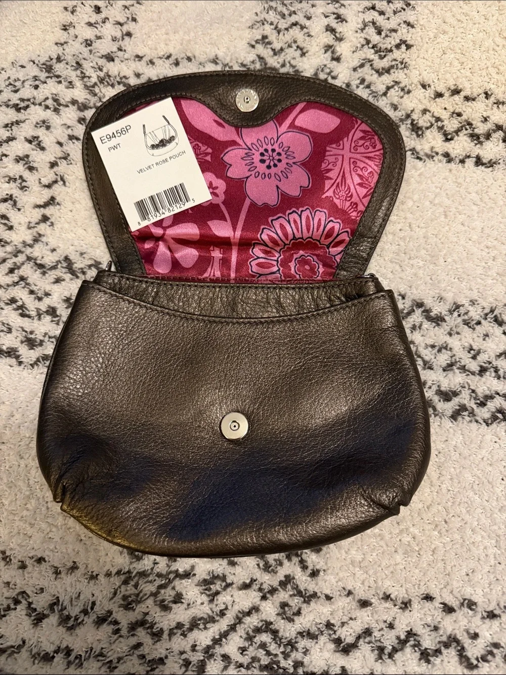 Brighton Black Leather Wristlet with Pink Floral Interior - Picture 1 of 6
